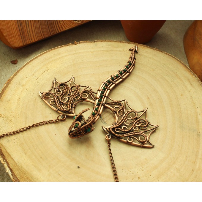 Green onyx wire-wrapped copper dragon