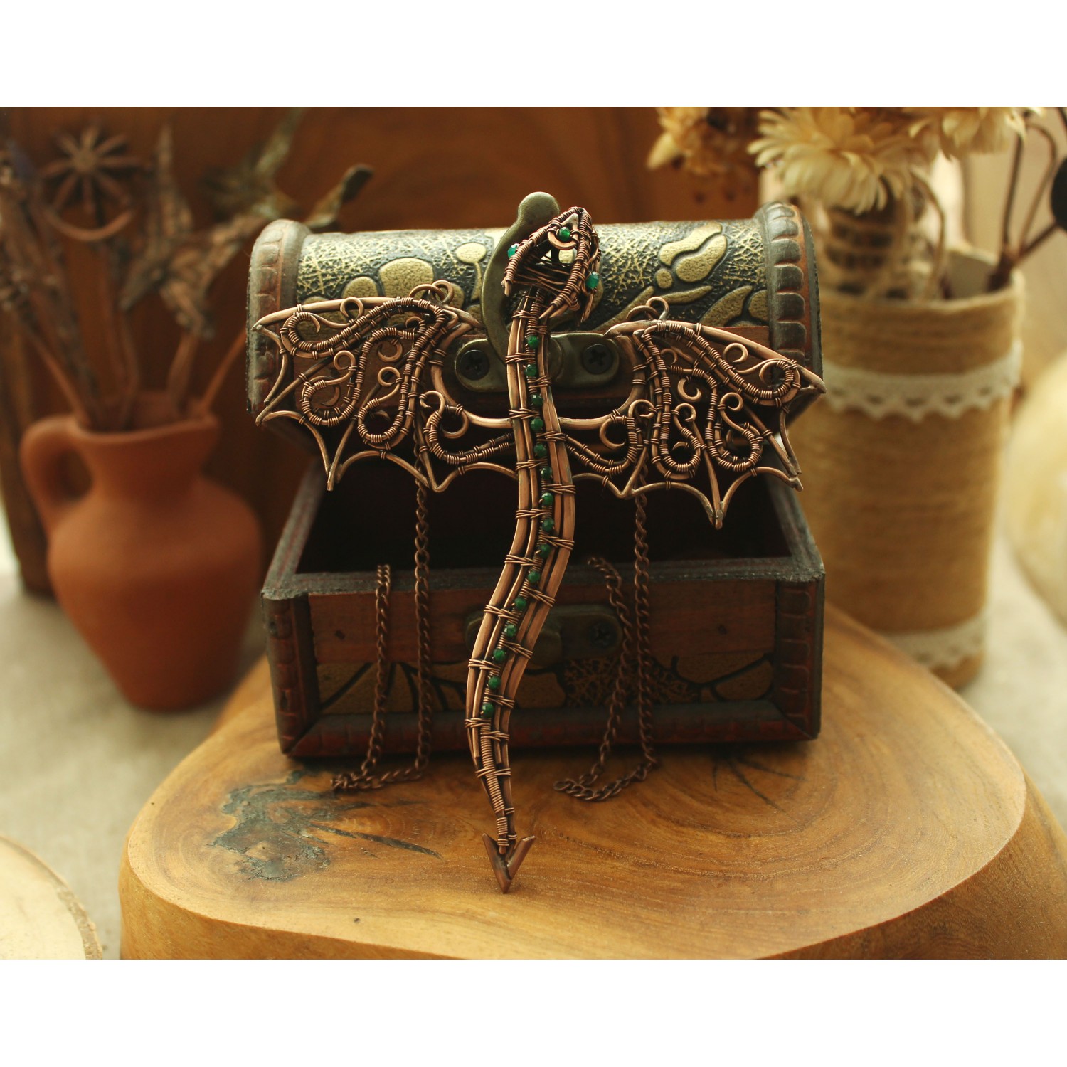 Fantasy-styled dragon necklace with green onyx