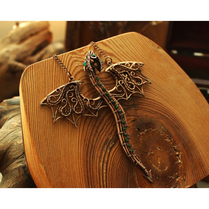 Green onyx wire-wrapped copper dragon