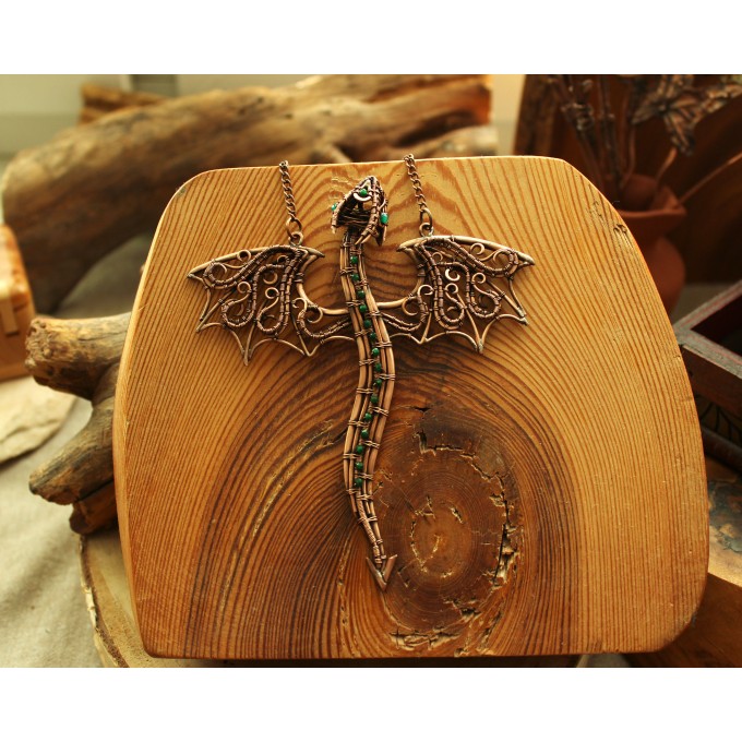 Green onyx wire-wrapped copper dragon