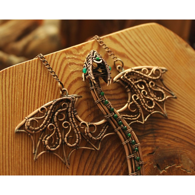 Green onyx wire-wrapped copper dragon