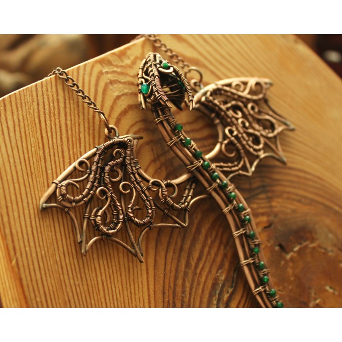 Green onyx wire-wrapped copper dragon