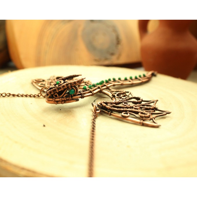 Green onyx wire-wrapped copper dragon