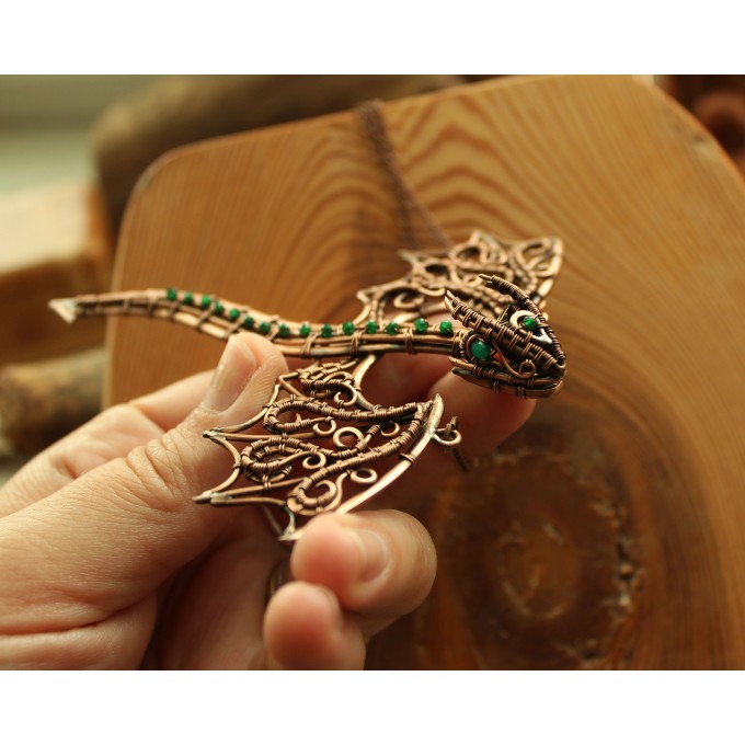 Green onyx wire-wrapped copper dragon