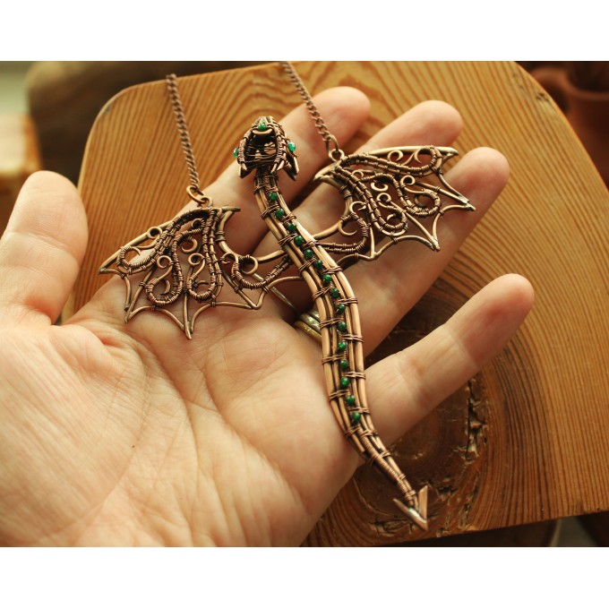 Green onyx wire-wrapped copper dragon