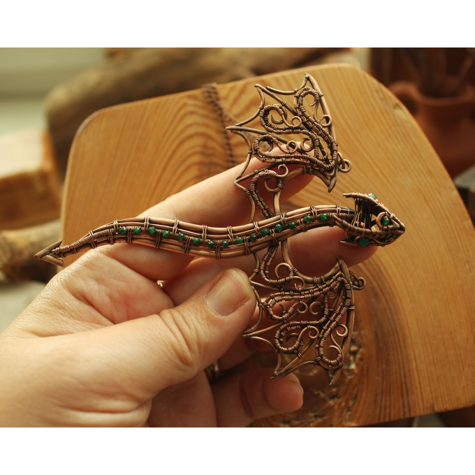 Green onyx wire-wrapped copper dragon