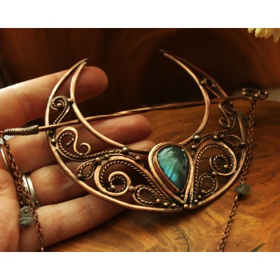 Hair clip Moon with labradorites in wire wrap technic
