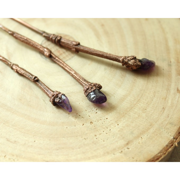 Copper hair-stick Lilac branch with amethysts