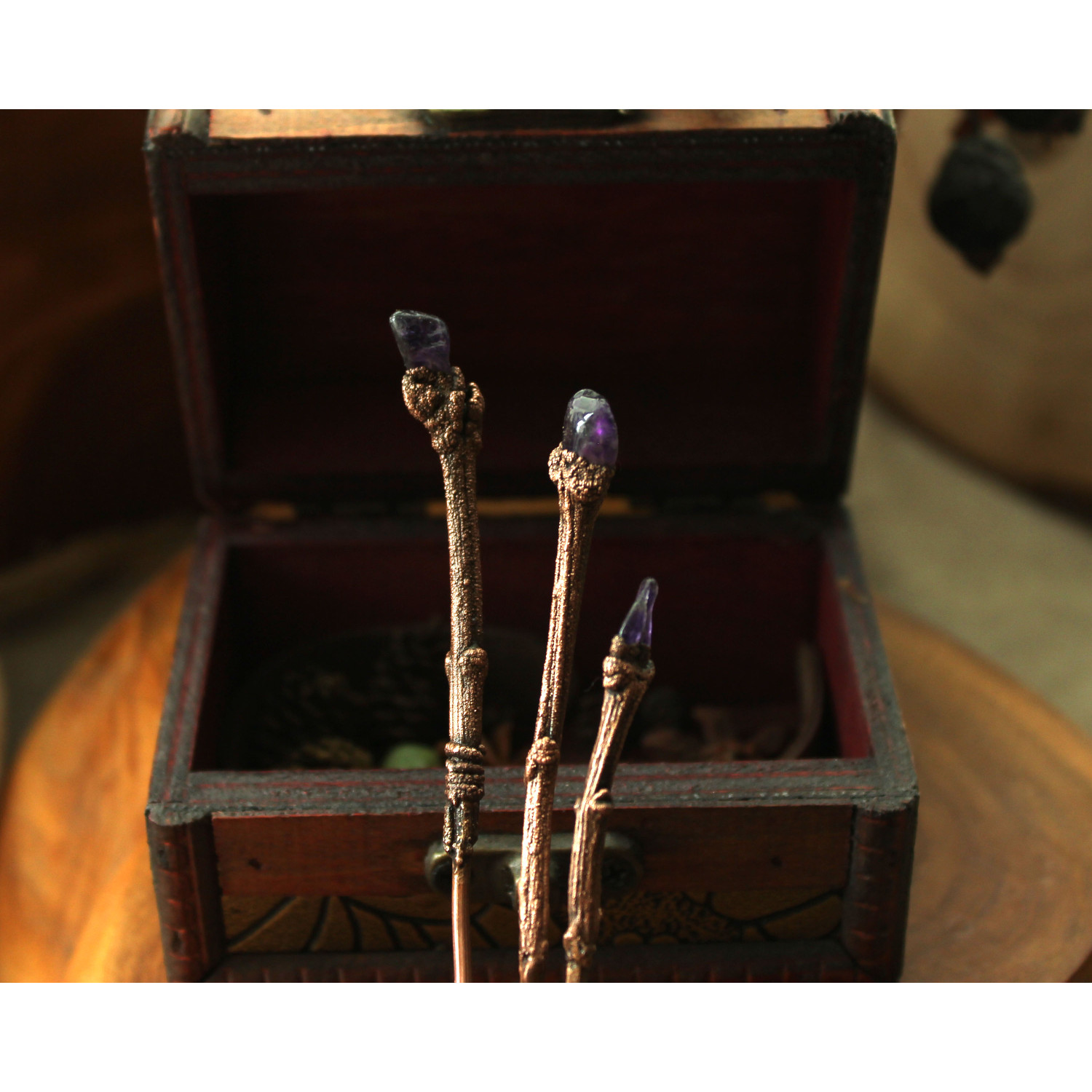 Lilac branch copper hairstick with amethysts display picture 1