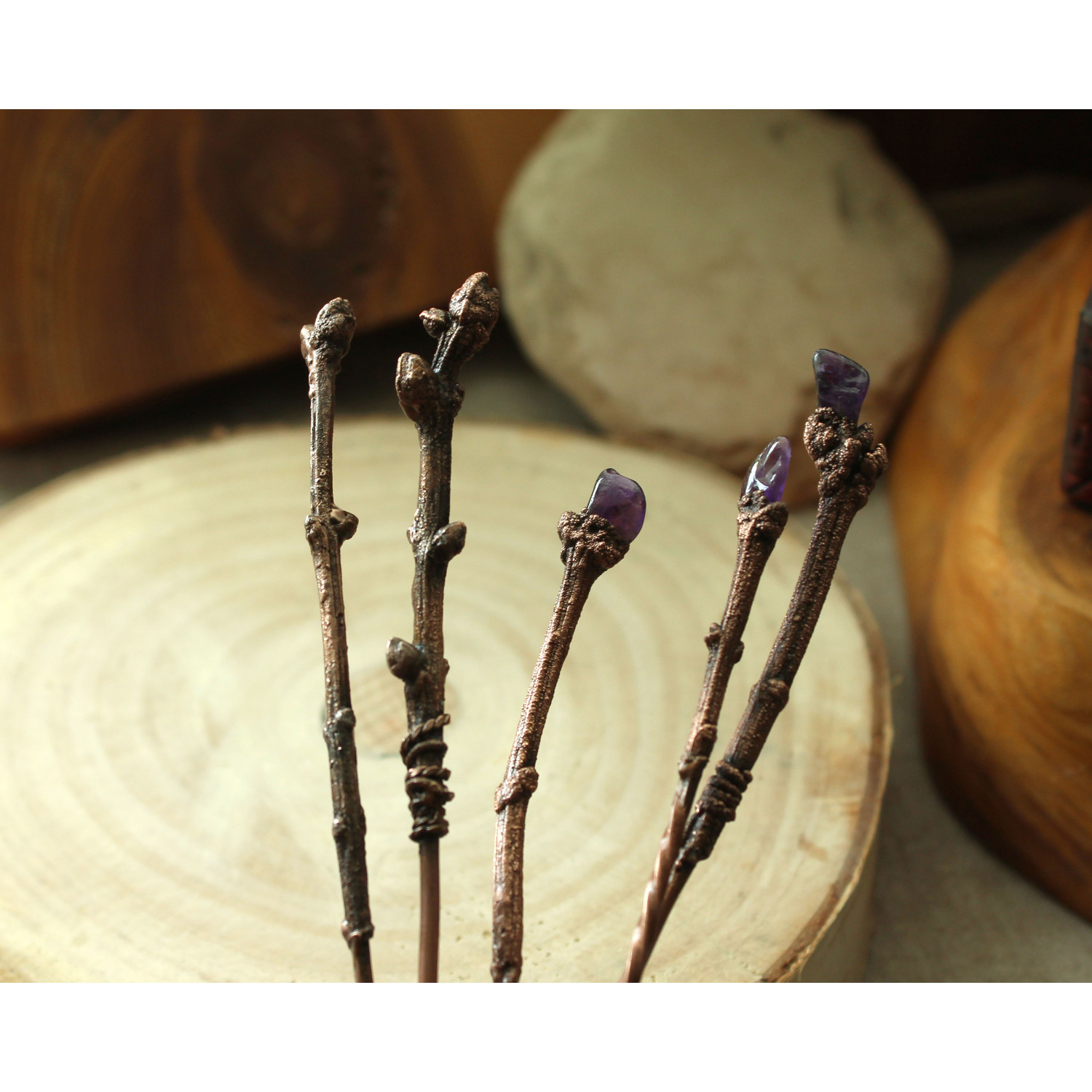 Lilac branch copper hairstick with amethysts display picture 1