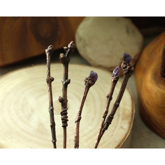 Copper hair-stick Lilac branch with amethysts