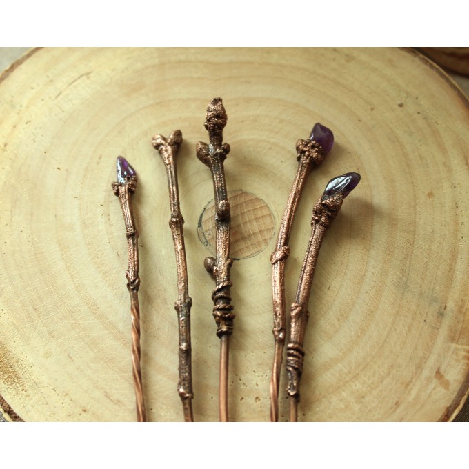 Copper hair-stick Lilac branch with amethysts