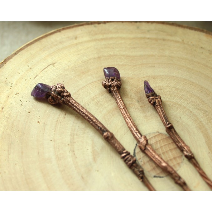 Copper hair-stick Lilac branch with amethysts