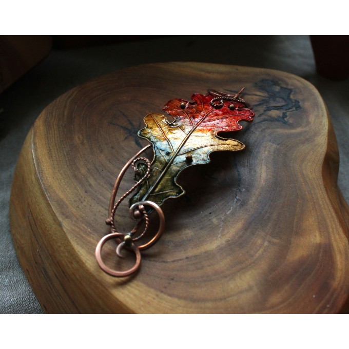 Copper hair clip with red - green oak leaf