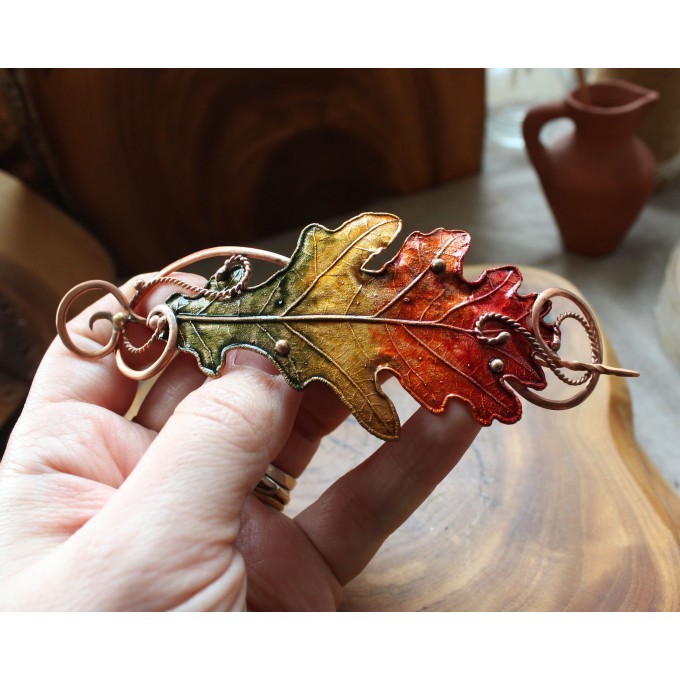 Copper hair clip with red - green oak leaf