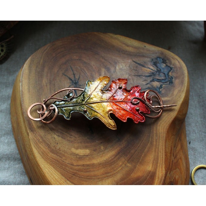 Copper hair clip with red - green oak leaf