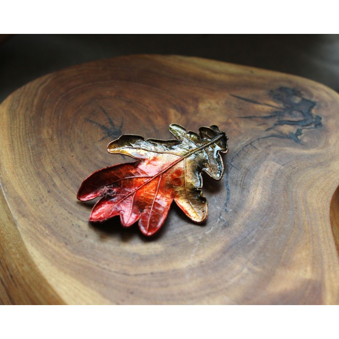 Copper oak brooch