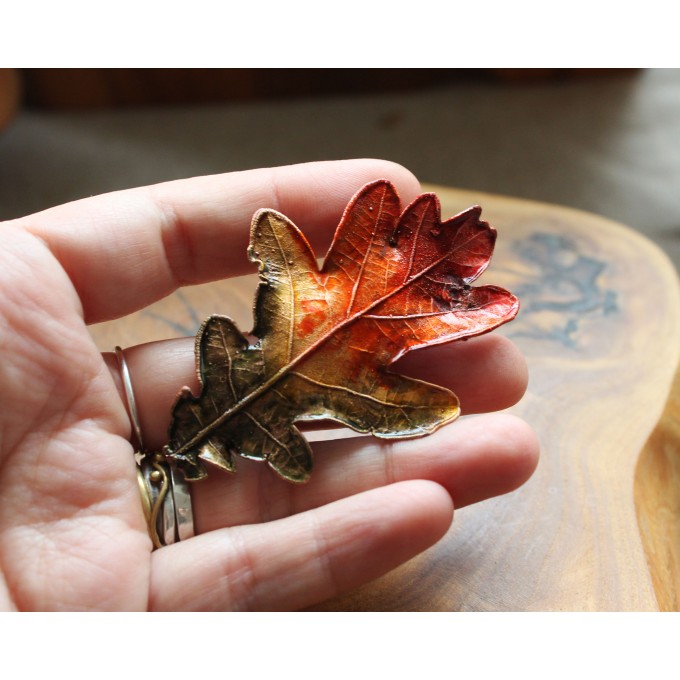 Copper oak brooch