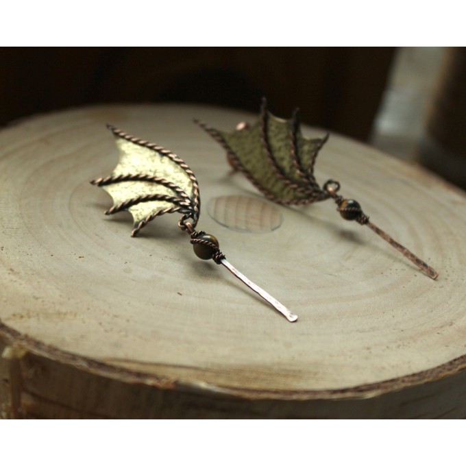 Dragon wing brass earrings with tiger eye