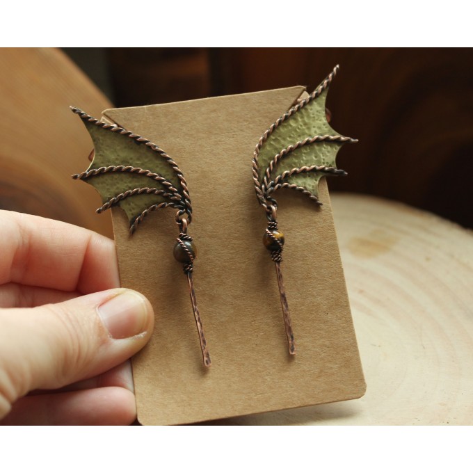 Dragon wing brass earrings with tiger eye