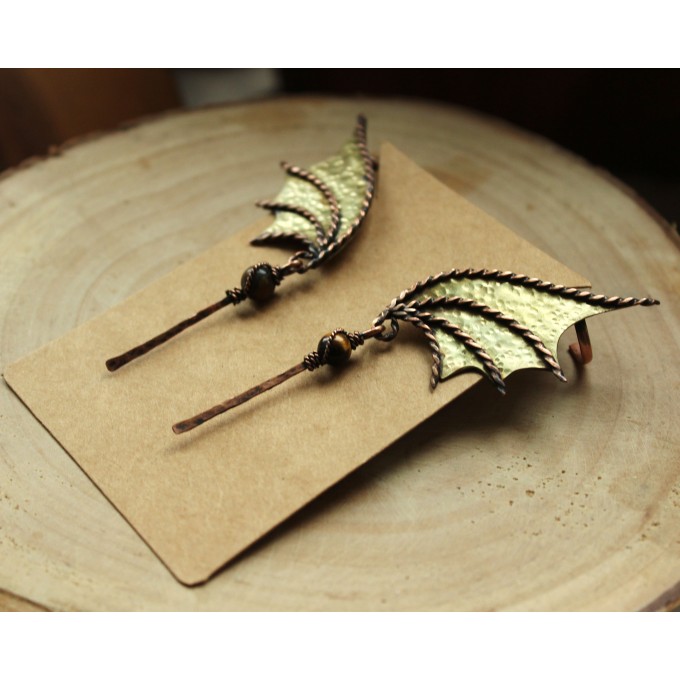 Dragon wing brass earrings with tiger eye