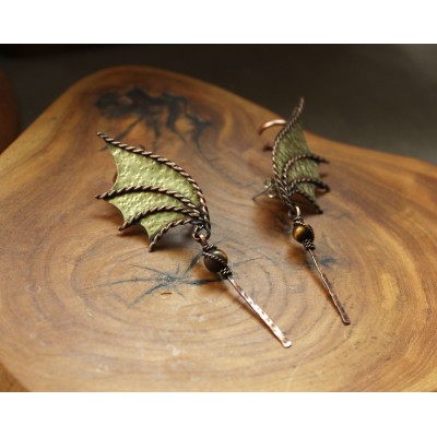 Dragon wing brass earrings with tiger eye