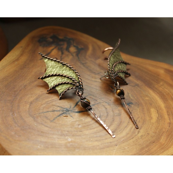 Dragon wing brass earrings with tiger eye
