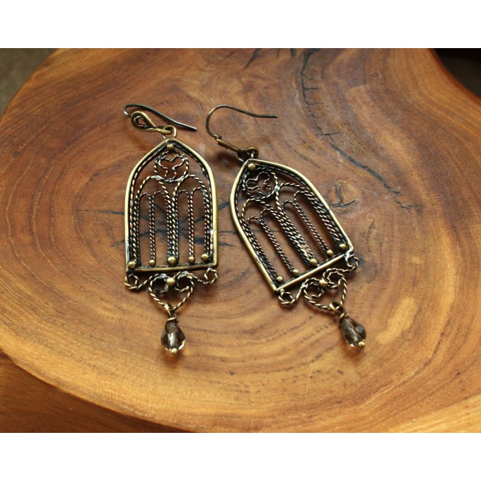Gothic-style copper and brass filigree earrings