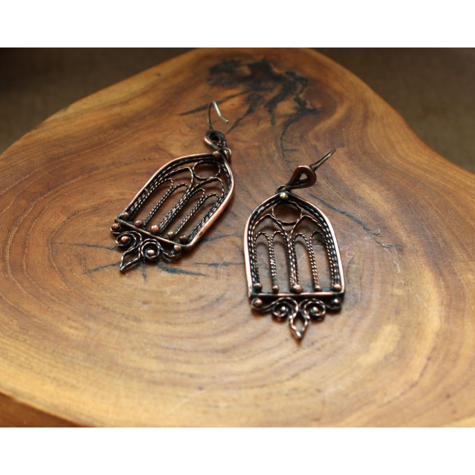 Gothic-style copper and brass filigree earrings