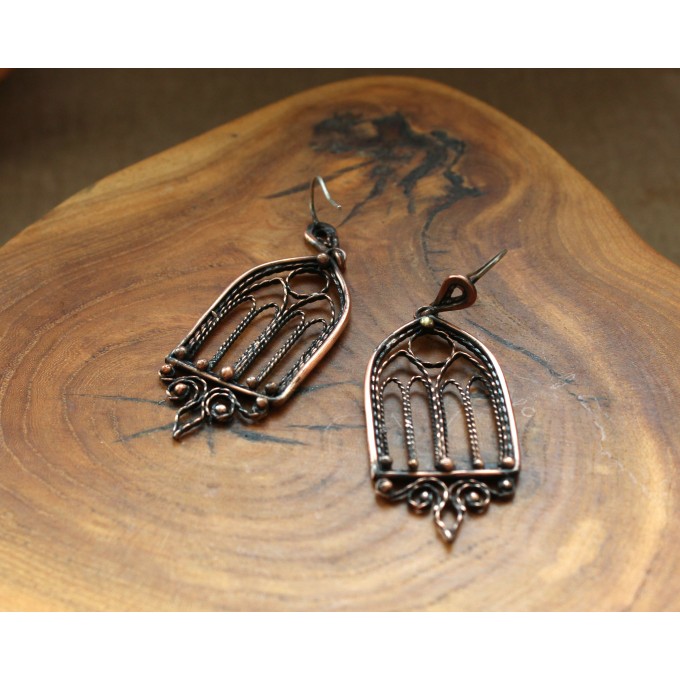 Gothic-style copper and brass filigree earrings