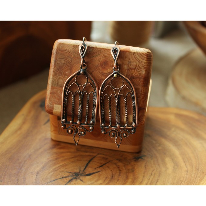 Gothic-style copper and brass filigree earrings