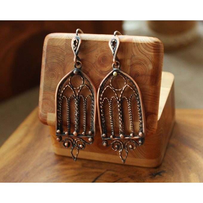 Gothic-style copper and brass filigree earrings
