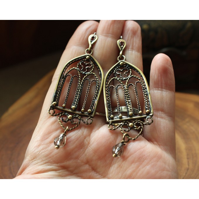 Gothic-style copper and brass filigree earrings