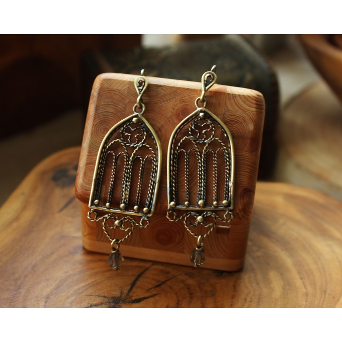 Gothic-style copper and brass filigree earrings