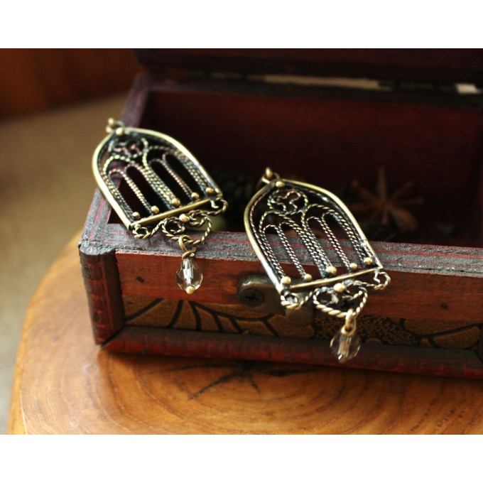 Gothic-style copper and brass filigree earrings