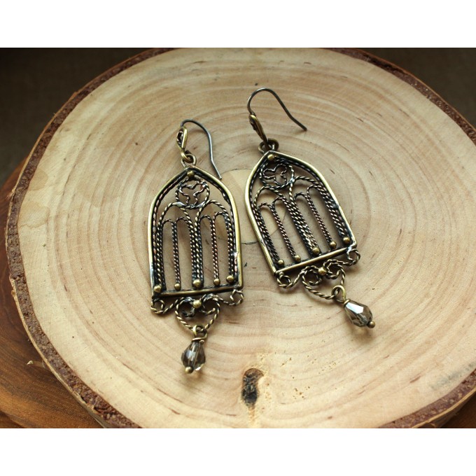 Gothic-style copper and brass filigree earrings