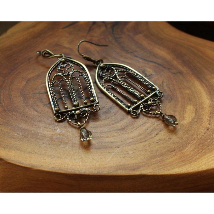 Gothic-style copper and brass filigree earrings