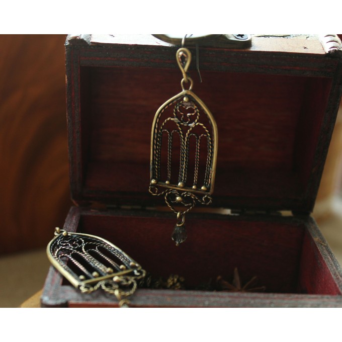 Gothic-style copper and brass filigree earrings