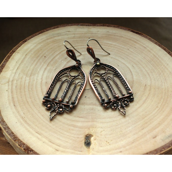 Gothic-style copper and brass filigree earrings