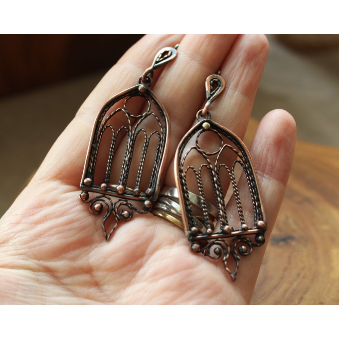 Gothic-style copper and brass filigree earrings