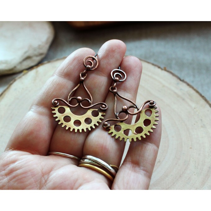 Copper and brass steampunk earrings with silver ear wire