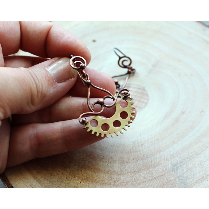 Copper and brass steampunk earrings with silver ear wire