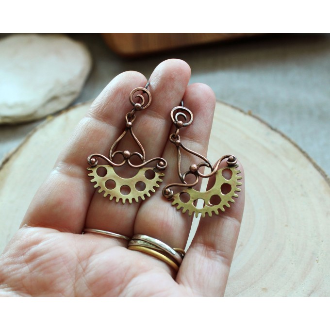 Copper and brass steampunk earrings with silver ear wire