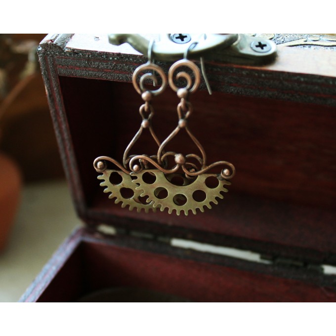 Copper and brass steampunk earrings with silver ear wire
