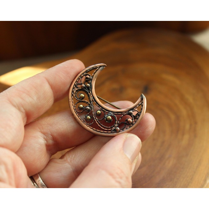 Copper and brass filigree moon broch