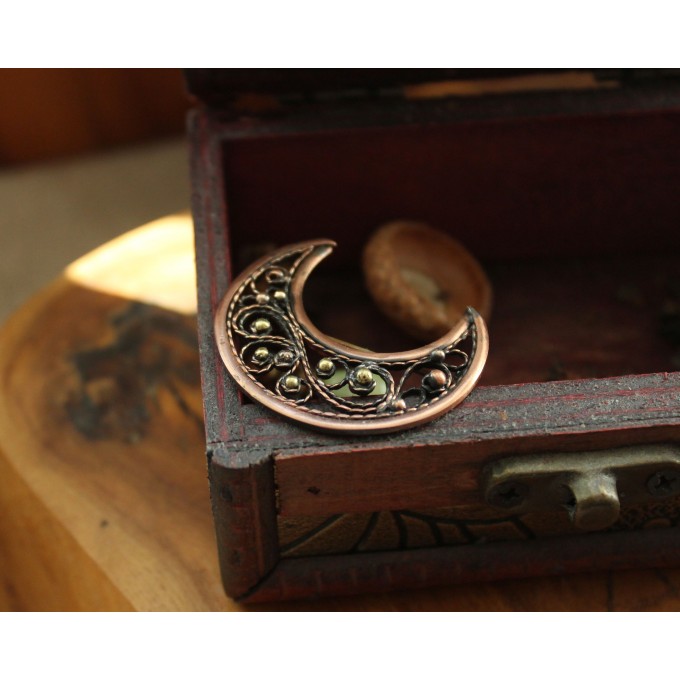 Copper and brass filigree moon broch