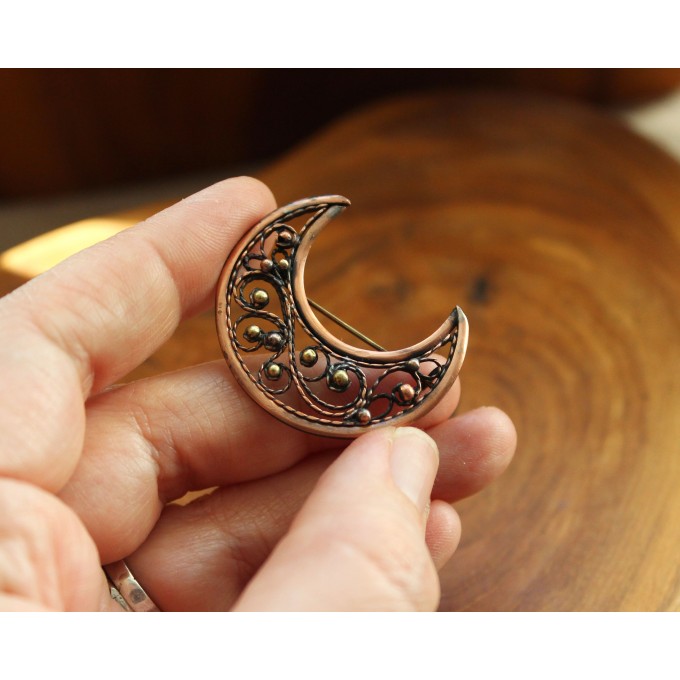 Copper and brass filigree moon broch