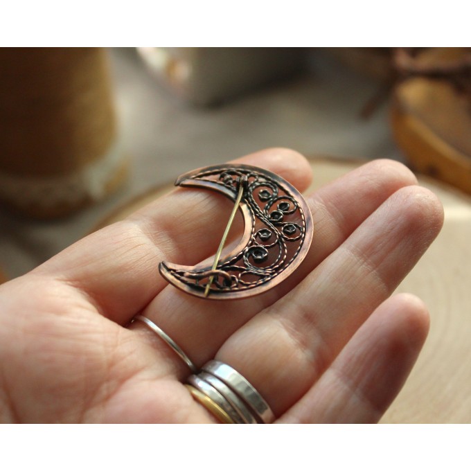 Copper and brass filigree moon broch