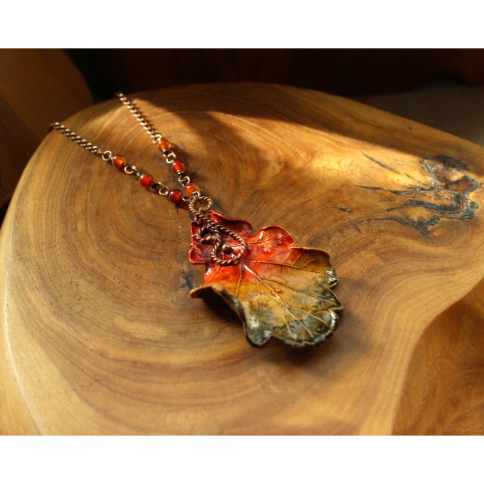 Copper oak necklace with carnelian jasper gemstone