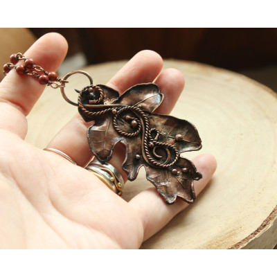 Copper oak necklace with carnelian or red jasper gemstone